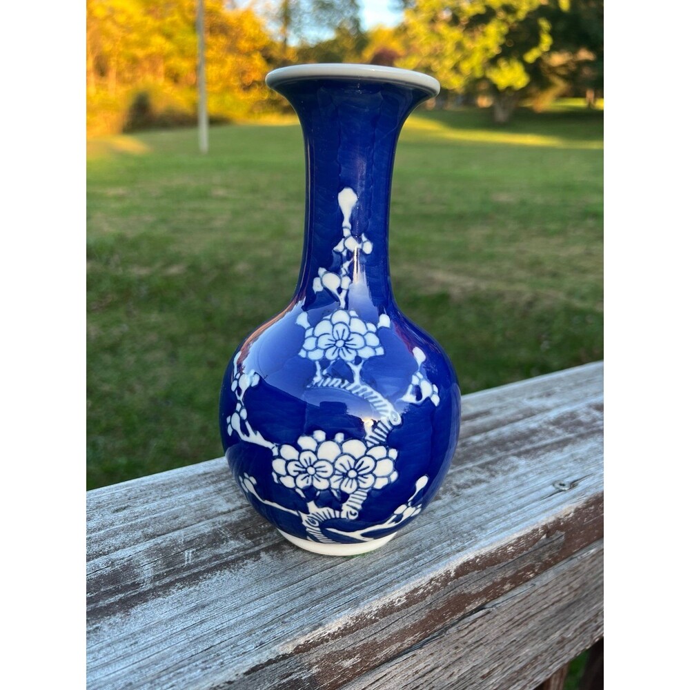 Vintage Cobalt Blue Porcelain Vase | Chinese Floral Prunus Blossom Motif Design